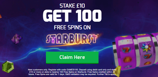 ♛ Stake $10, Play With 100 No Wagering Spins on Starburst